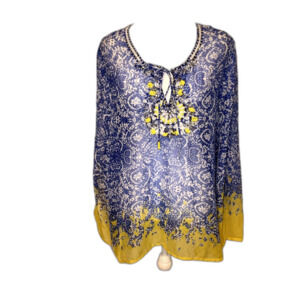 Soft Surroundings Tunic Top Blue Yellow Paisley Beaded Embroidered Womens